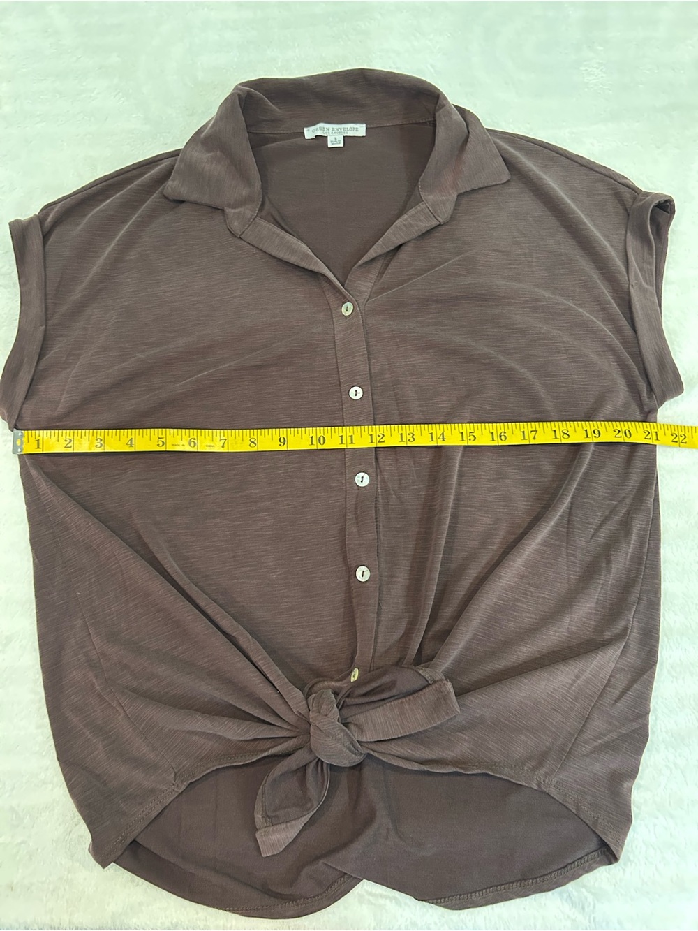 Green Envelope Brown Collared Button Top - Picture 3 of 4